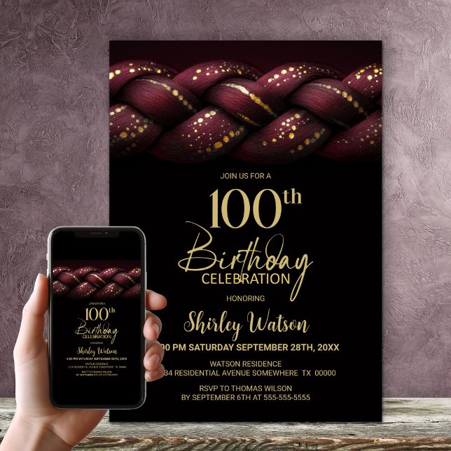 Burgundy Gold Braid 100. Geburtstagsparty Einladung (Von Creator hochgeladen)