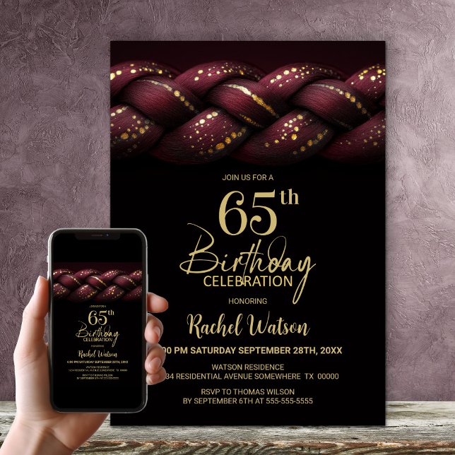 Burgundy Gold Braid 65. Geburtstagsparty Einladung (Von Creator hochgeladen)
