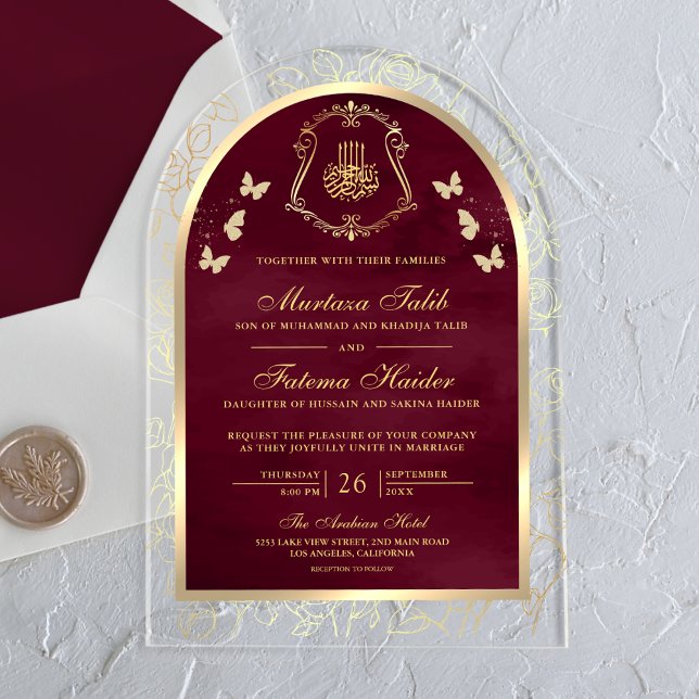 Burgundy Gold Butterfly Arch Muslime Hochzeit Acryleinladungen (Von Creator hochgeladen)