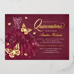 Burgundy Gold Butterfly Dress Quinceanera Folieneinladung