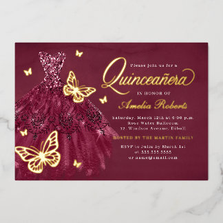 Burgundy Gold Butterfly Dress Quinceanera Folieneinladung