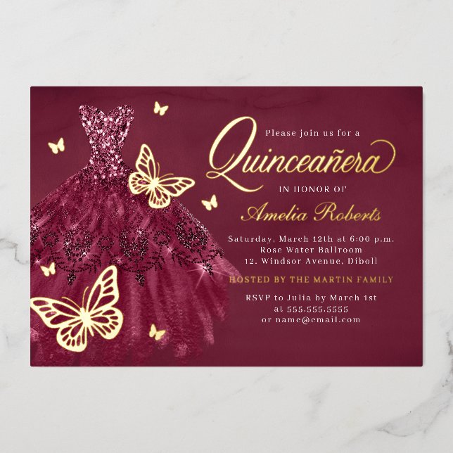 Burgundy Gold Butterfly Dress Quinceanera Folieneinladung (Vorderseite)