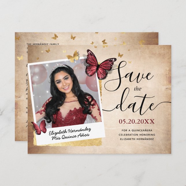 Burgundy Gold Butterfly Quince Foto Save the Date Ankündigungspostkarte (Vorne/Hinten)