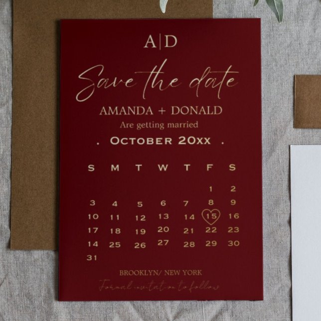 Burgundy Gold Calendar Wedding Save the date Folieneinladung (Von Creator hochgeladen)