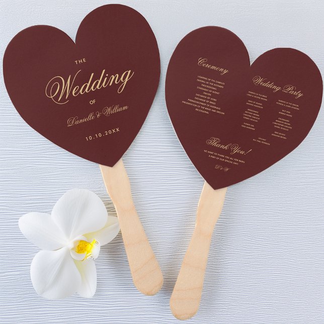 Burgundy Gold Calligraphy Heart Wedding Program Fächer (Von Creator hochgeladen)