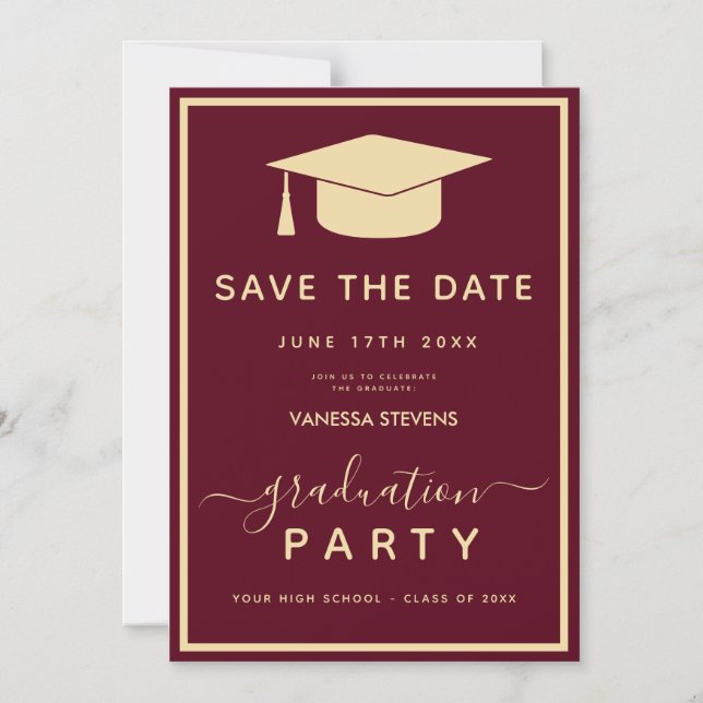 Burgundy Gold Classic Abschluss Save the Date Magneteinladung (Vorderseite)