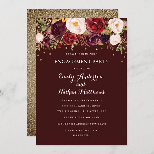 Burgundy Gold Confetti Floral Engagement Party Einladung (Vorne/Hinten)