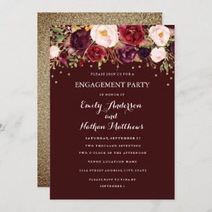 Burgundy Gold Confetti Floral Engagement Party Einladung