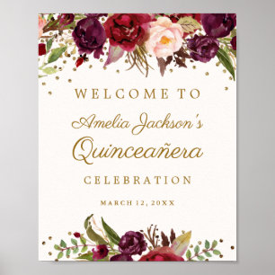 Burgundy Gold Confetti Floral Quinceanera-Zeichen Poster