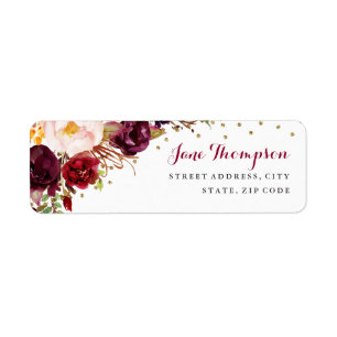 Burgundy Gold Confetti Floral Return Address Label