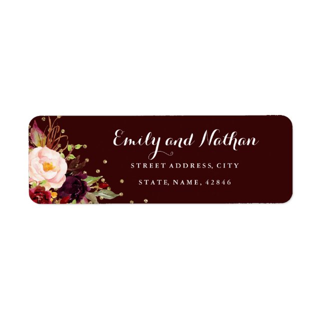 Burgundy Gold Confetti Floral Return Address Label (Vorne)