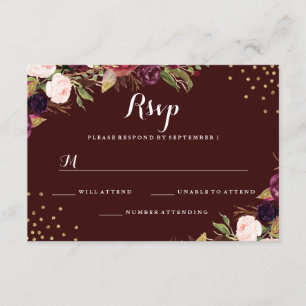 Burgundy Gold Confetti Floral Wedding RSVP Karte