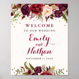 Burgundy Gold Confetti Floral Wedding Sign Poster
