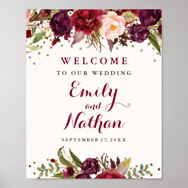 Burgundy Gold Confetti Floral Wedding Sign Poster (Vorne)