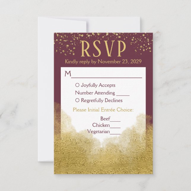 Burgundy Gold Confetti UAWG Wedding Response Meal RSVP Karte (Vorderseite)