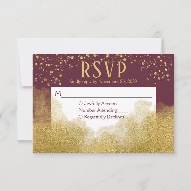 Burgundy Gold Confetti UAWG Wedding Response RSVP Karte (Vorderseite)