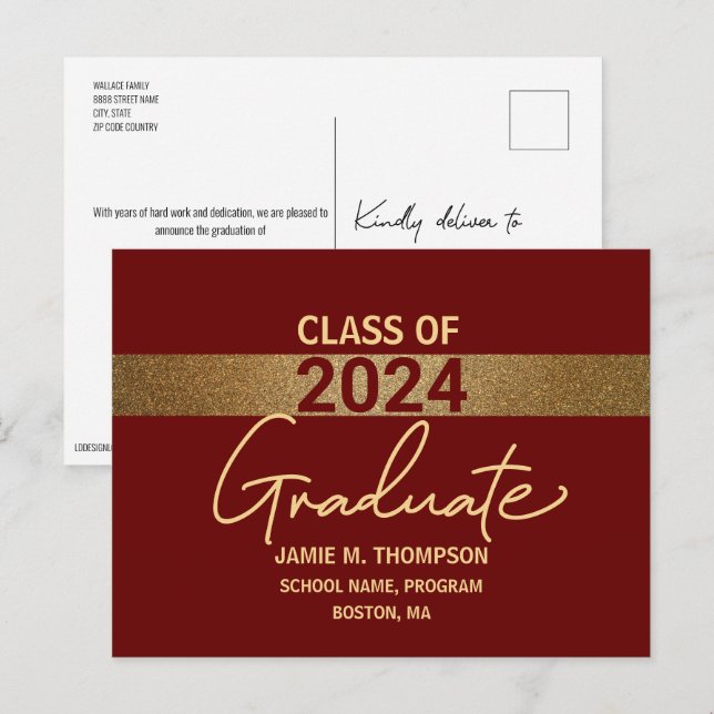 Burgundy Gold Custom Class of 2024 Abschluss Postkarte (Vorne/Hinten)