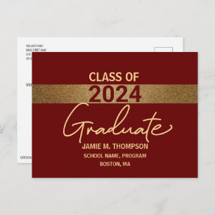 Burgundy Gold Custom Class of 2024 Abschluss Postkarte