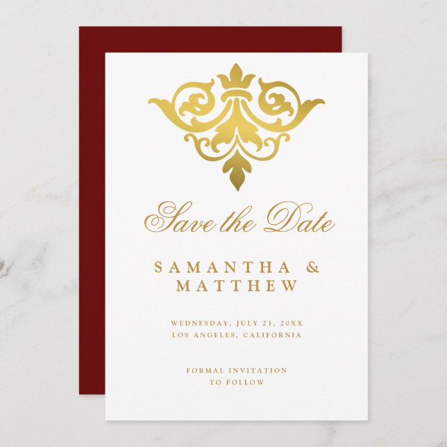 Burgundy Gold Damask Indische Hochzeit retten das  Save The Date (Vorne/Hinten)
