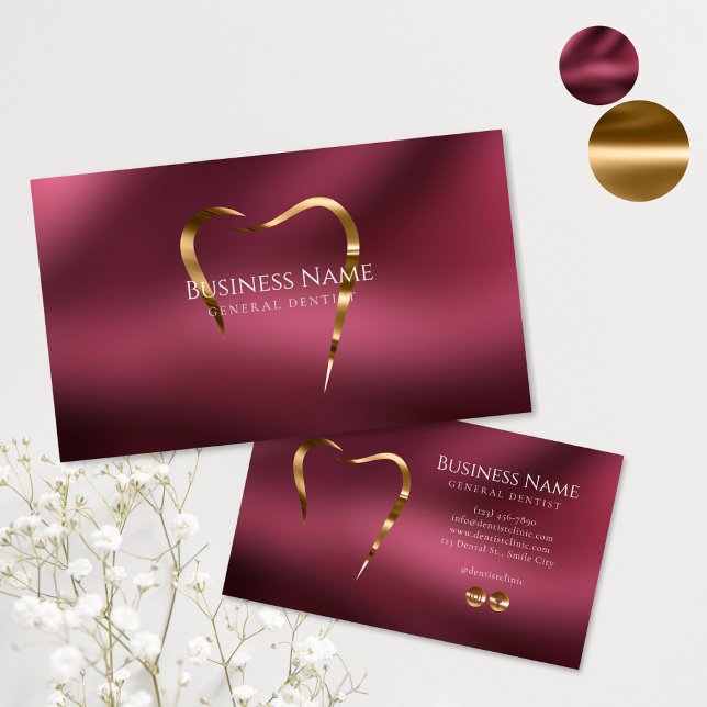 Burgundy & Gold Dentist Business Card Visitenkarte (Von Creator hochgeladen)