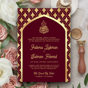 Burgundy Gold Diamonds Arch Muslime Hochzeit Einladung
