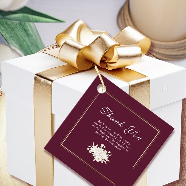 Burgundy Gold Elegante Blumenzettel Vielen Dank Geschenkanhänger (Von Creator hochgeladen)