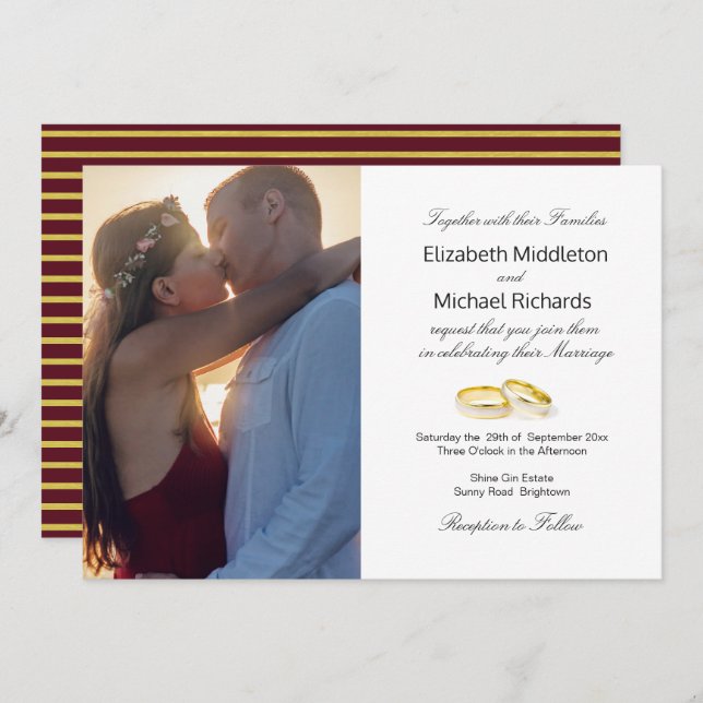 Burgundy Gold Elegante Hochzeit Foto Einladung (Vorne/Hinten)