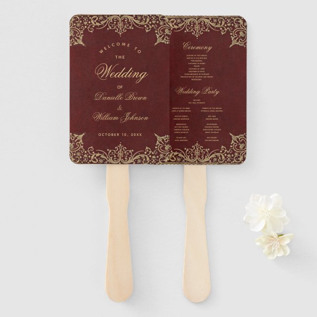 Burgundy Gold Elegantes Hochzeitsprogramm für Vint Fächer (Vorne und Hinten)