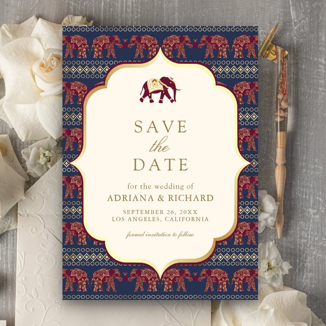 Burgundy Gold Elephant Indian Wedding Foto Save The Date (Von Creator hochgeladen)