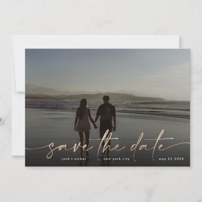 Burgundy & Gold Fall Calligrafy Foto Wedding Save The Date (Vorderseite)