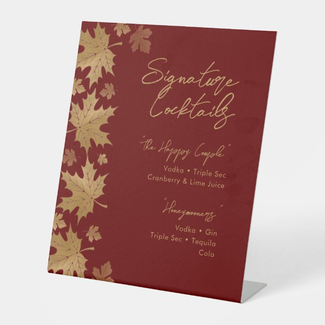 Burgundy Gold Fall Leaves Signature Cocktail Menu Sockelschild (Vorderseite)
