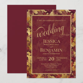 Burgundy & Gold Fall Leaves Stylish Script Wedding Einladung