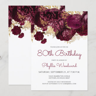 Burgundy Gold Floral 80. Geburtstagsparty Einladung