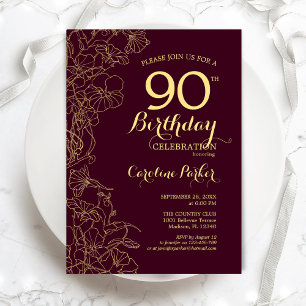 Burgundy Gold Floral 90. Geburtstagsparty Einladung