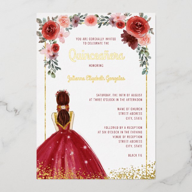 Burgundy Gold Floral Ball Gown 15. Quinceanera Folieneinladung (Vorderseite)
