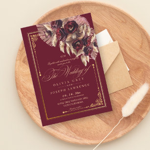 Burgundy Gold Floral Boho Rustische Hochzeit Einladung