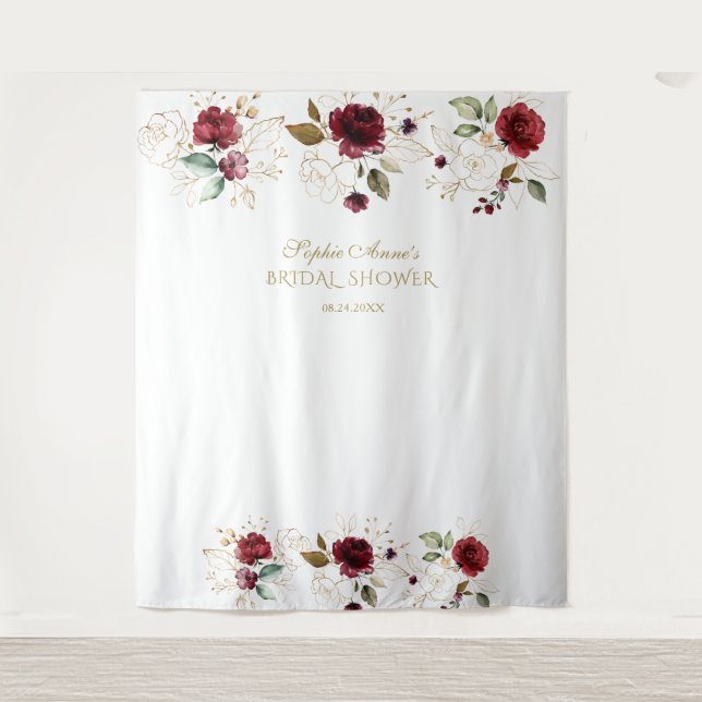 Burgundy Gold Floral Brautparty Foto Stand Wandteppich (Vorderseite)