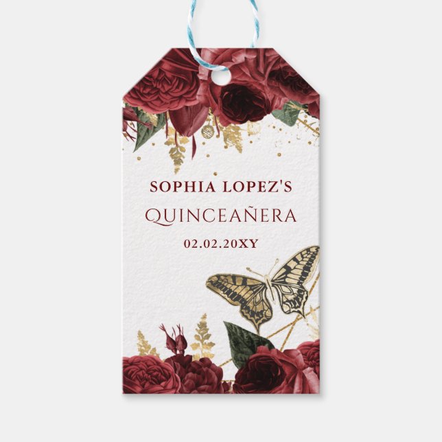 Burgundy Gold Floral Butterfliegen Quinceanera Geschenkanhänger (Vorderseite)