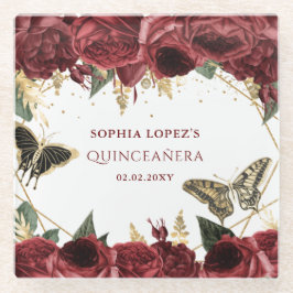 Burgundy Gold Floral Butterfliegen Quinceanera Glasuntersetzer