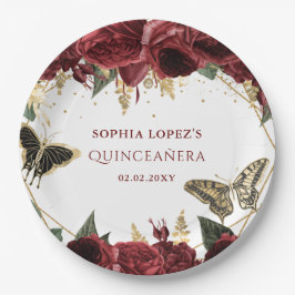Burgundy Gold Floral Butterfliegen Quinceanera Pappteller