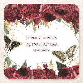 Burgundy Gold Floral Butterfliegen Quinceanera Rechteckiger Pappuntersetzer