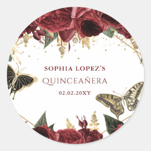 Burgundy Gold Floral Butterfliegen Quinceanera Runder Aufkleber
