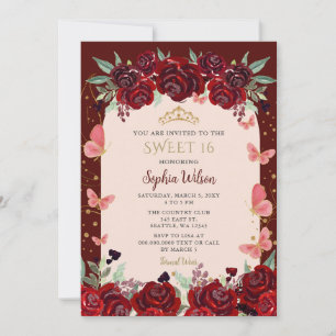 Burgundy Gold Floral Butterflies Sweet 16 Einladung