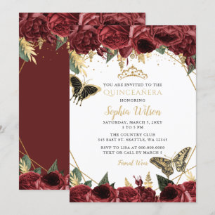 Burgundy Gold Floral Butterfly Quinceañera Quince Einladung
