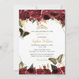 Burgundy Gold Floral Butterfly Sweet 16 Einladung