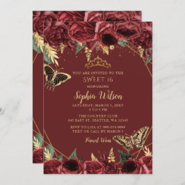 Burgundy Gold Floral Butterfly Sweet 16 Einladung