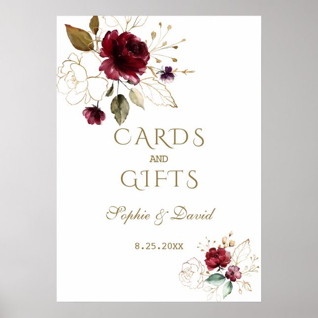 Burgundy Gold Floral Cards & Gifts Wedding Poster (Vorne)