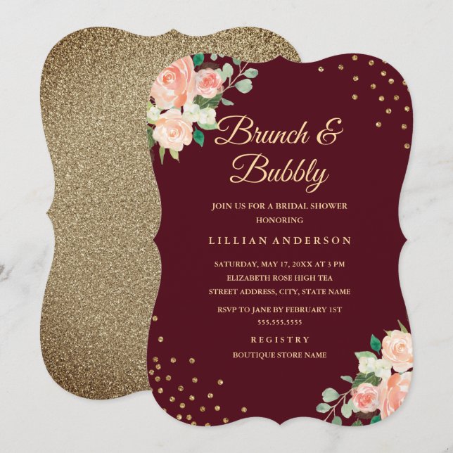 Burgundy Gold Floral Confetti Brunch und Bubbly Einladung (Vorne/Hinten)