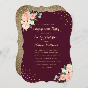 Burgundy Gold Floral Confetti Engagement Party Einladung