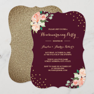 Burgundy Gold Floral Confetti Housewarming Party Einladung